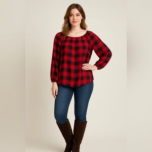Women’s Red Black Plaid Long Sleeve Blouse | Buffalo Check Peasant Top | Fa